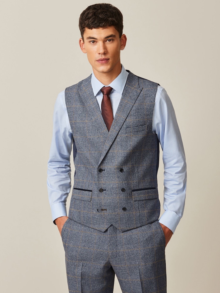 Blue Regular Fit Trimmed Check Suit Waistcoat - Image 1 of 6