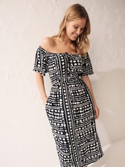 Black/White Spot Off Shoulder Summer Dress - Image 1 of 6
