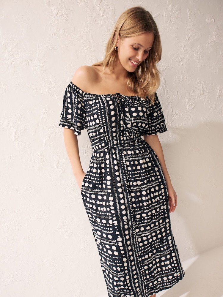 Black/White Spot Off Shoulder Summer Dress - Image 1 of 6