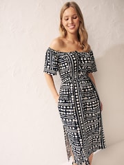 Black/White Spot Off Shoulder Summer Dress - Image 2 of 6
