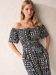 Black/White Spot Off Shoulder Summer Dress - Image 4 of 6