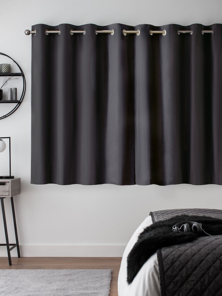 Grey Charcoal Dark Blackout/Thermal Cotton Eyelet Curtains - Image 4 of 9