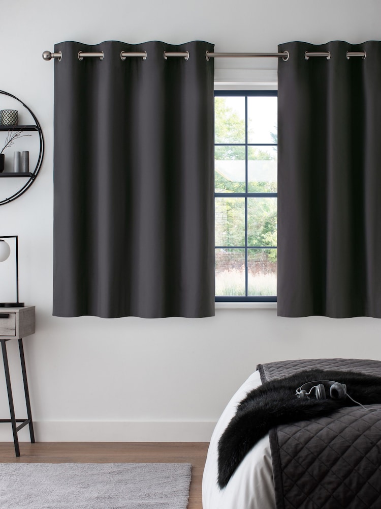 Grey Charcoal Dark Blackout/Thermal Cotton Eyelet Curtains - Image 5 of 9
