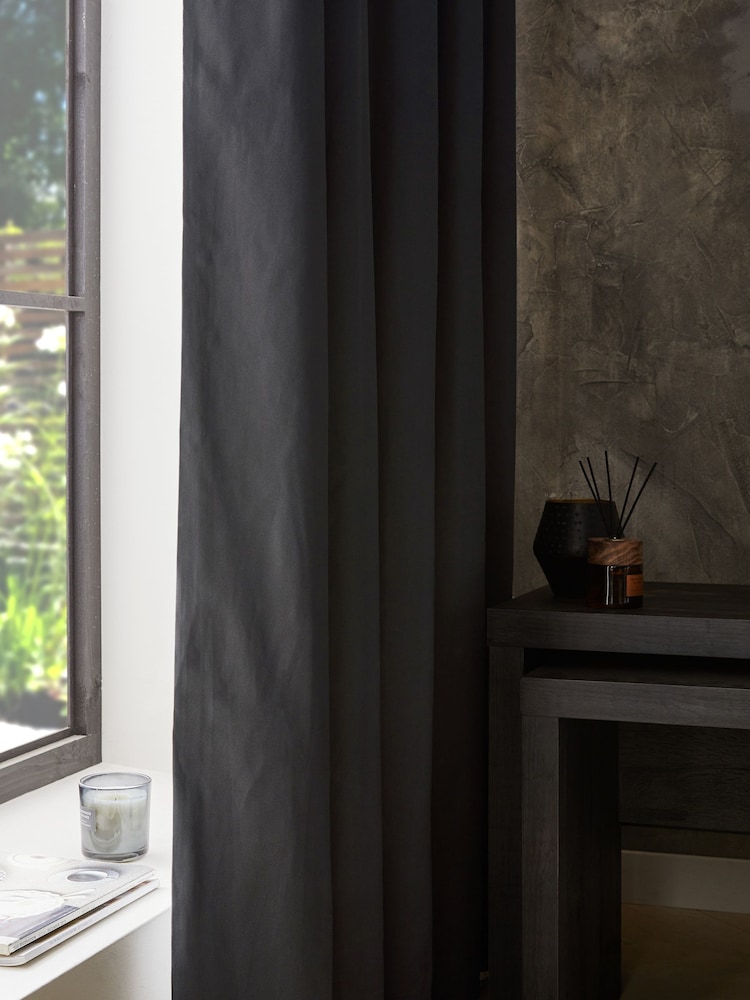 Grey Charcoal Dark Blackout/Thermal Cotton Eyelet Curtains - Image 6 of 9