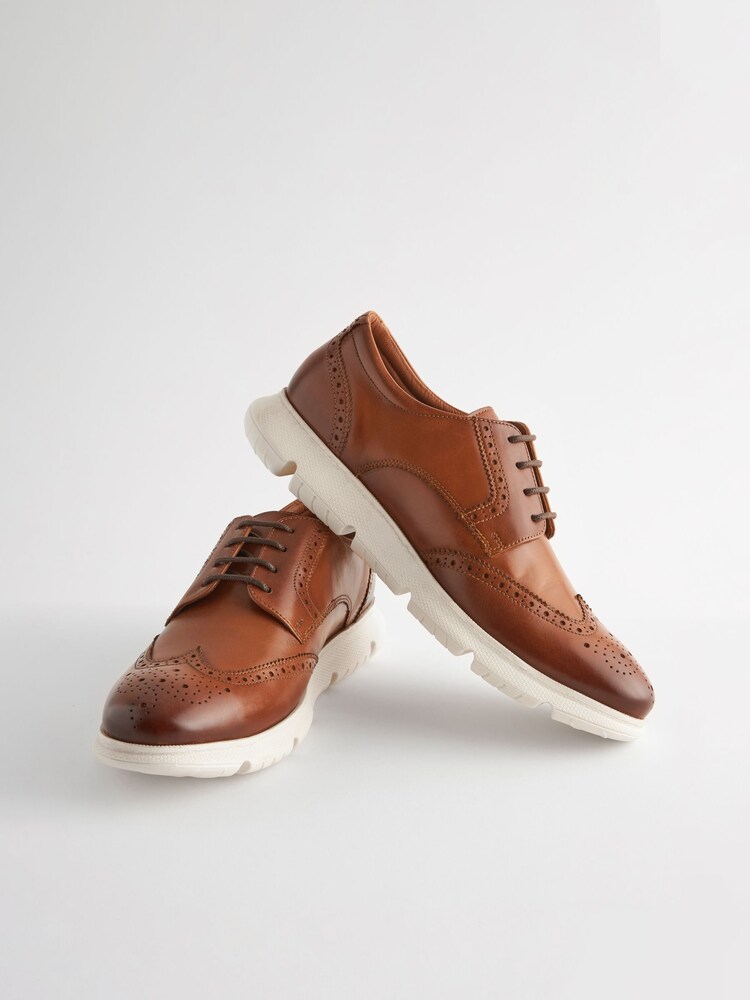 Tan Brown Leather Brogue Wedge Shoes - Image 6 of 6