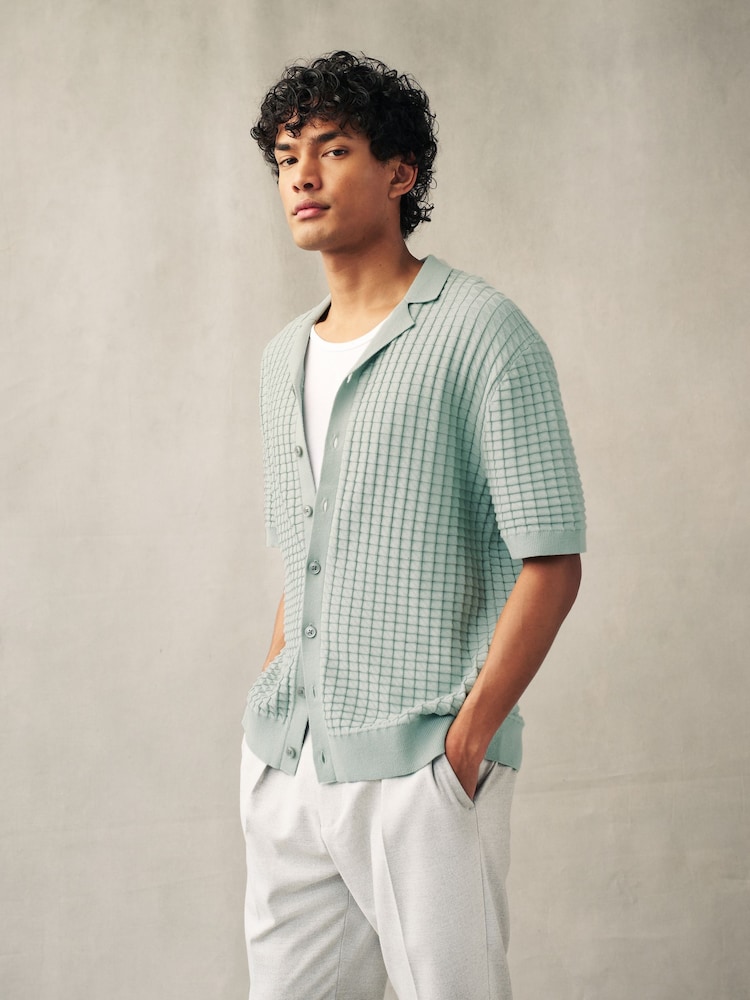 Grey Knitted Textured Relaxed Fit Button Through Polo Shirt - Image 1 of 7 Grey Knitted Textured Relaxed Fit Button Through Polo Shirt - Image 1 of 7