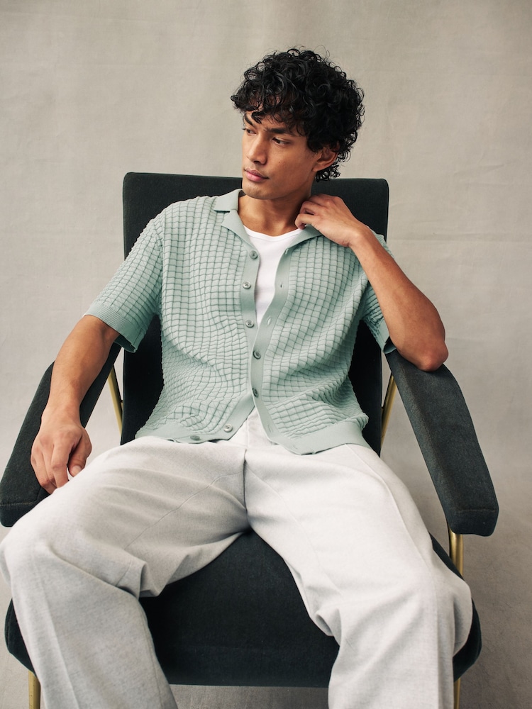 Grey Knitted Textured Relaxed Fit Button Through Polo Shirt - Image 2 of 7 Grey Knitted Textured Relaxed Fit Button Through Polo Shirt - Image 2 of 7