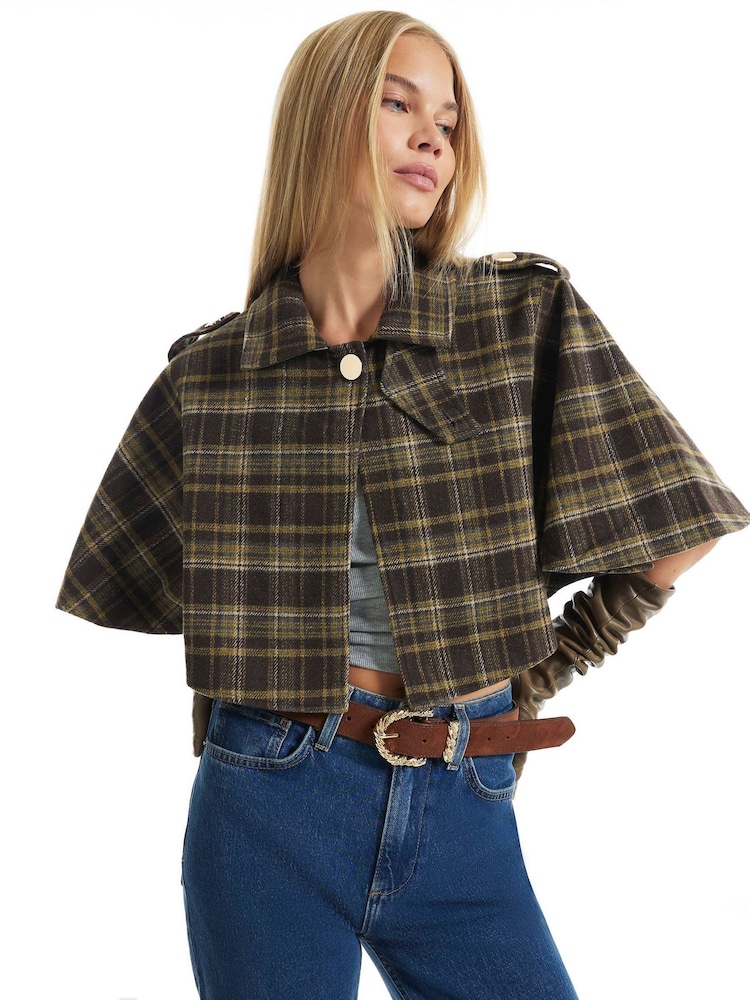 River Island Brown Collared Cropped Cape Poncho - Image 1 of 4
