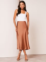 Lipsy Brown Satin Bias Cut Midi Skirt - Image 3 of 4