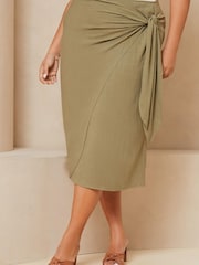 Lipsy Khaki Green Curve Tie Waist Wrap Midi Skirt - Image 1 of 4