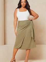 Lipsy Khaki Green Curve Tie Waist Wrap Midi Skirt - Image 3 of 4
