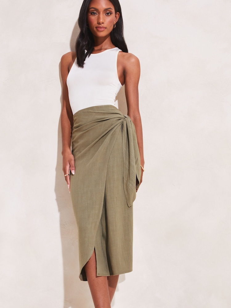 Lipsy Khaki Green Tie Waist Wrap Midi Skirt - Image 1 of 4 Lipsy Khaki Green Tie Waist Wrap Midi Skirt - Image 1 of 4