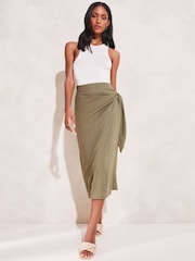 Lipsy Khaki Green Tie Waist Wrap Midi Skirt - Image 3 of 4