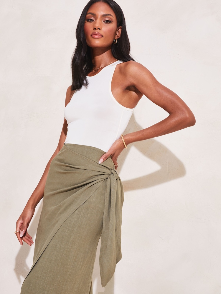 Lipsy Khaki Green Tie Waist Wrap Midi Skirt - Image 4 of 4 Lipsy Khaki Green Tie Waist Wrap Midi Skirt - Image 4 of 4