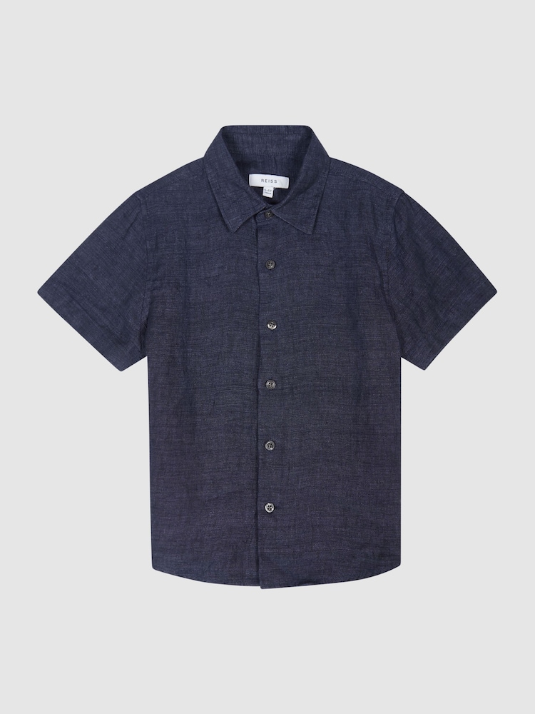 Reiss Navy Holiday 9-13 yrs Short Sleeve Linen Shirt - Image 2 of 6