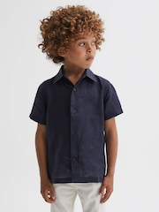 Reiss Navy Holiday 9-13 yrs Short Sleeve Linen Shirt - Image 3 of 6