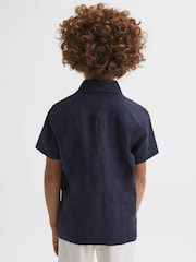 Reiss Navy Holiday 9-13 yrs Short Sleeve Linen Shirt - Image 5 of 6