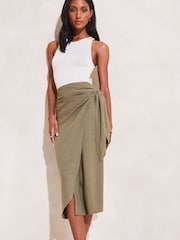 Lipsy Khaki Green Tall Tie Waist Wrap Midi Skirt - Image 1 of 4