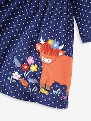 JoJo Maman Bébé Navy Blue Highland Cow Appliqué Button Front Dress - Image 3 of 3
