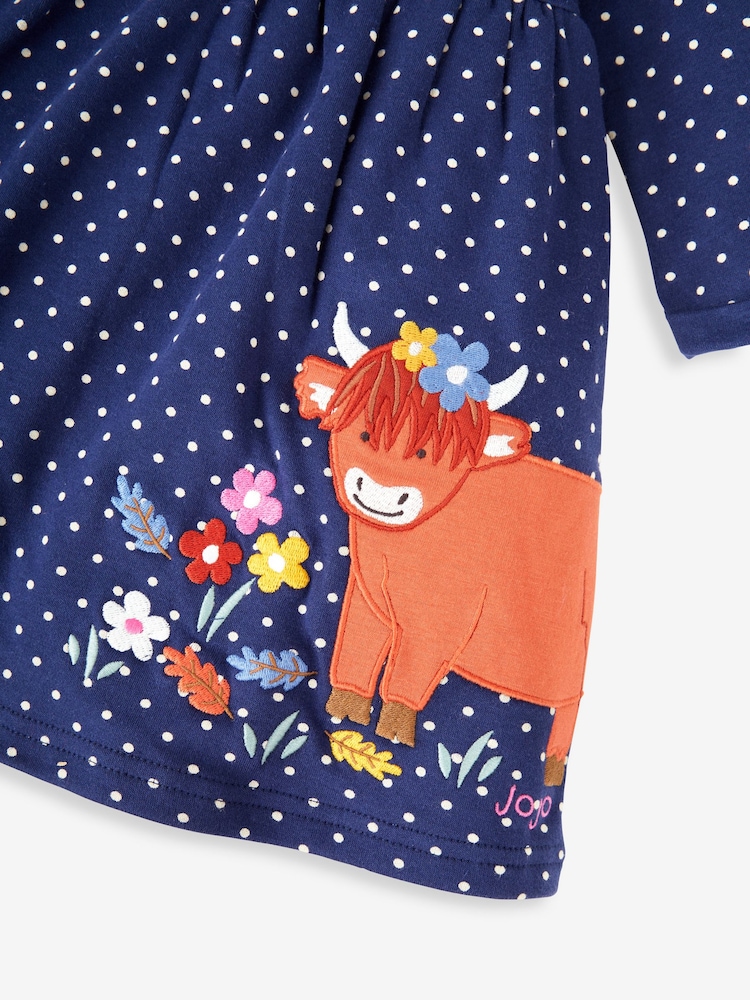JoJo Maman Bébé Navy Blue Highland Cow Appliqué Button Front Dress - Image 3 of 3