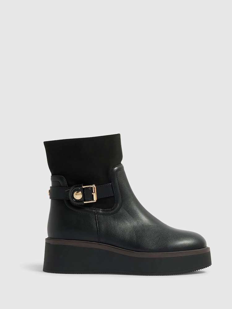 River Island Black Buckle Wedge Ankle Boots - Image 1 of 5 River Island Black Buckle Wedge Ankle Boots - Image 1 of 5
