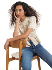 River Island Cream Crochet Knit Peplum Button Front Top - Image 2 of 4