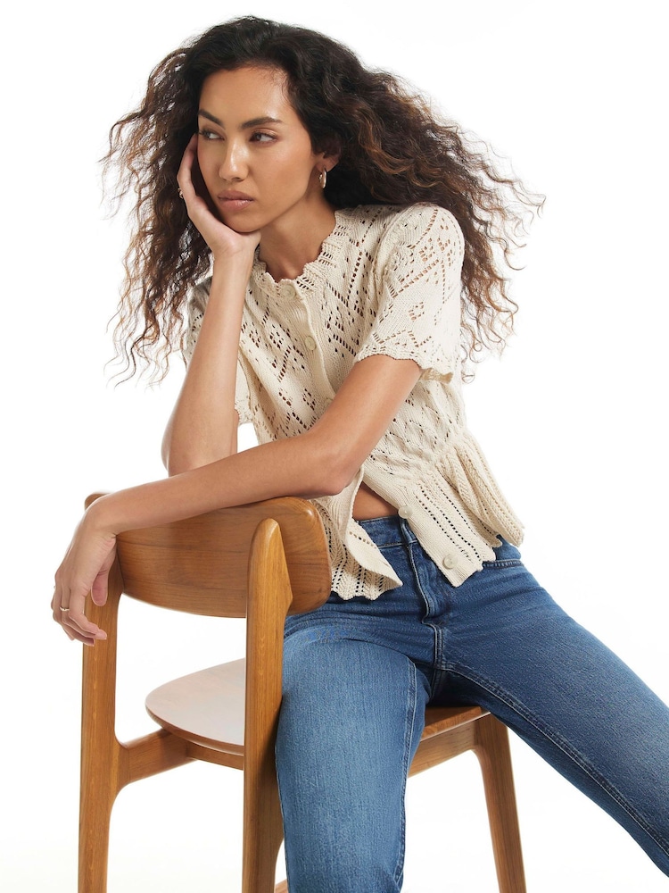 River Island Cream Crochet Knit Peplum Button Front Top - Image 2 of 4 River Island Cream Crochet Knit Peplum Button Front Top - Image 2 of 4