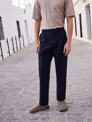 Navy Blue Relaxed Fit Seersucker Suit Trousers - Image 2 of 8