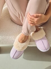 Lilac Purple Suede Faux Fur Lined Mule Slippers - Image 2 of 7