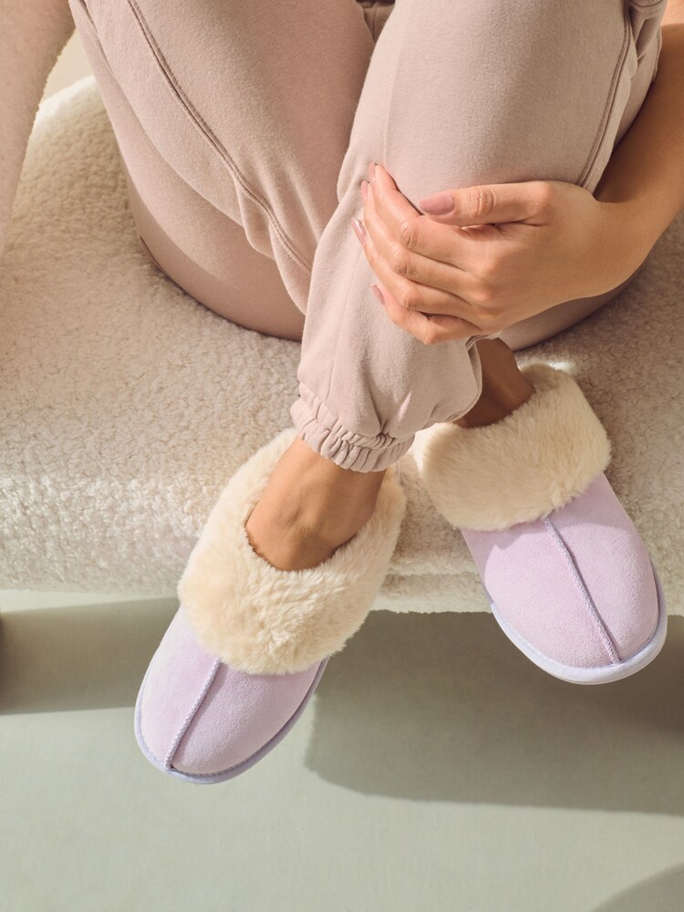 Lilac Purple Suede Faux Fur Lined Mule Slippers - Image 2 of 7