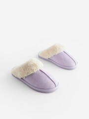 Lilac Purple Suede Faux Fur Lined Mule Slippers - Image 3 of 7