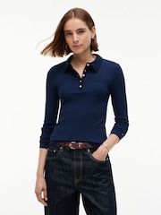 modra - Tommy Hilfiger Slim Fit Ribbed Long Sleeve Polo Shirt - Slika 1 iz 5