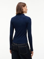modra - Tommy Hilfiger Slim Fit Ribbed Long Sleeve Polo Shirt - Slika 2 iz 5