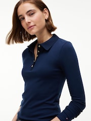 modra - Tommy Hilfiger Slim Fit Ribbed Long Sleeve Polo Shirt - Slika 4 iz 5