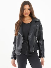 Quiz Black Pu Leather Studded Biker Jacket - Image 1 of 4