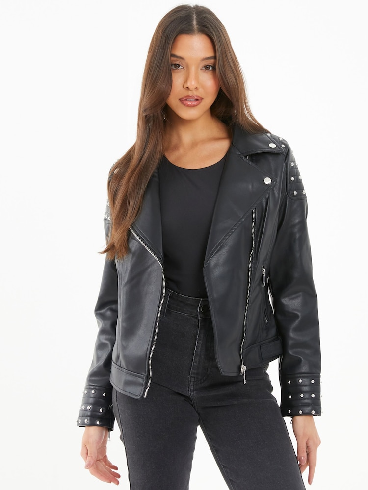 Quiz Black Pu Leather Studded Biker Jacket - Image 1 of 4