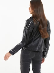 Quiz Black Pu Leather Studded Biker Jacket - Image 2 of 4