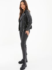 Quiz Black Pu Leather Studded Biker Jacket - Image 3 of 4