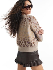 River Island Brown Leopard Knitted Crew Neck Long Sleeve Jumper - Image 4 of 4