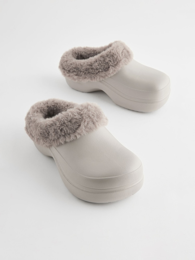 Grey Faux Fur Lined Platform Clog Slippers - Image 1 of 5