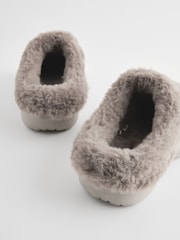 Grey Faux Fur Lined Platform Clog Slippers - Image 3 of 5