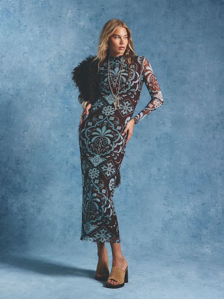 River Island Brown Long Sleeve Mesh Maxi Dress - Image 1 of 4