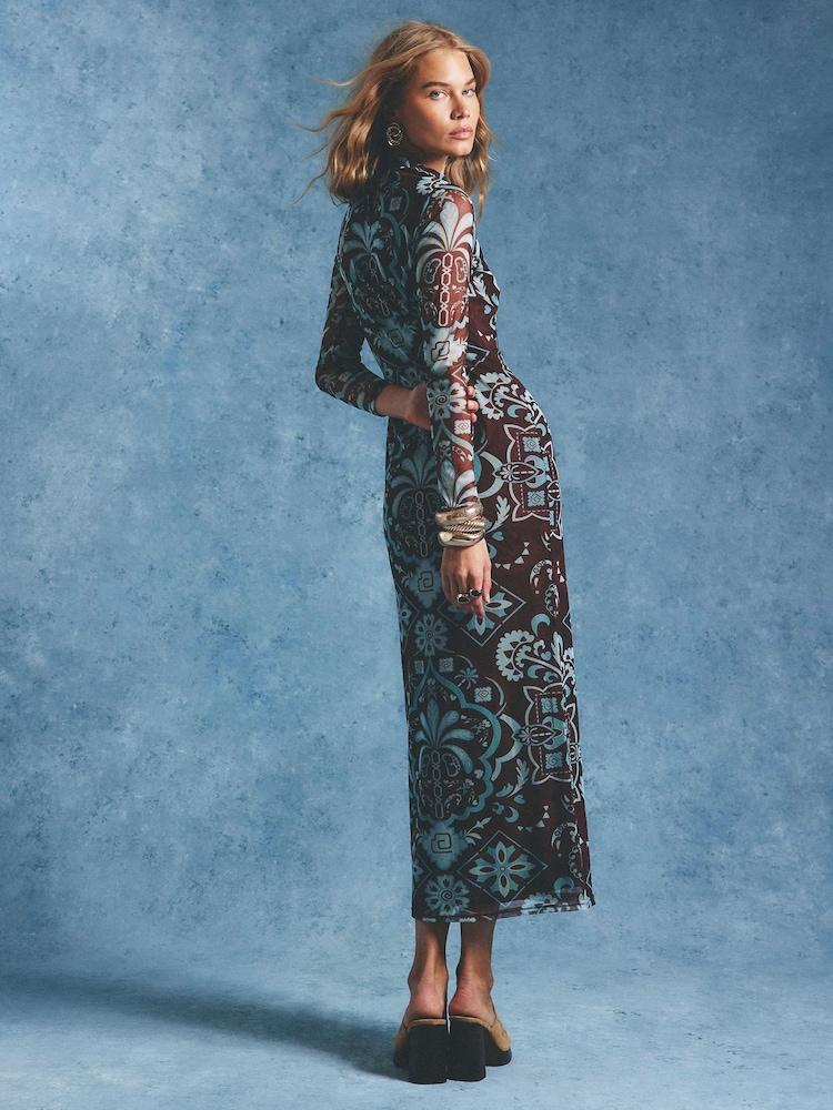 River Island Brown Long Sleeve Mesh Maxi Dress - Image 2 of 4