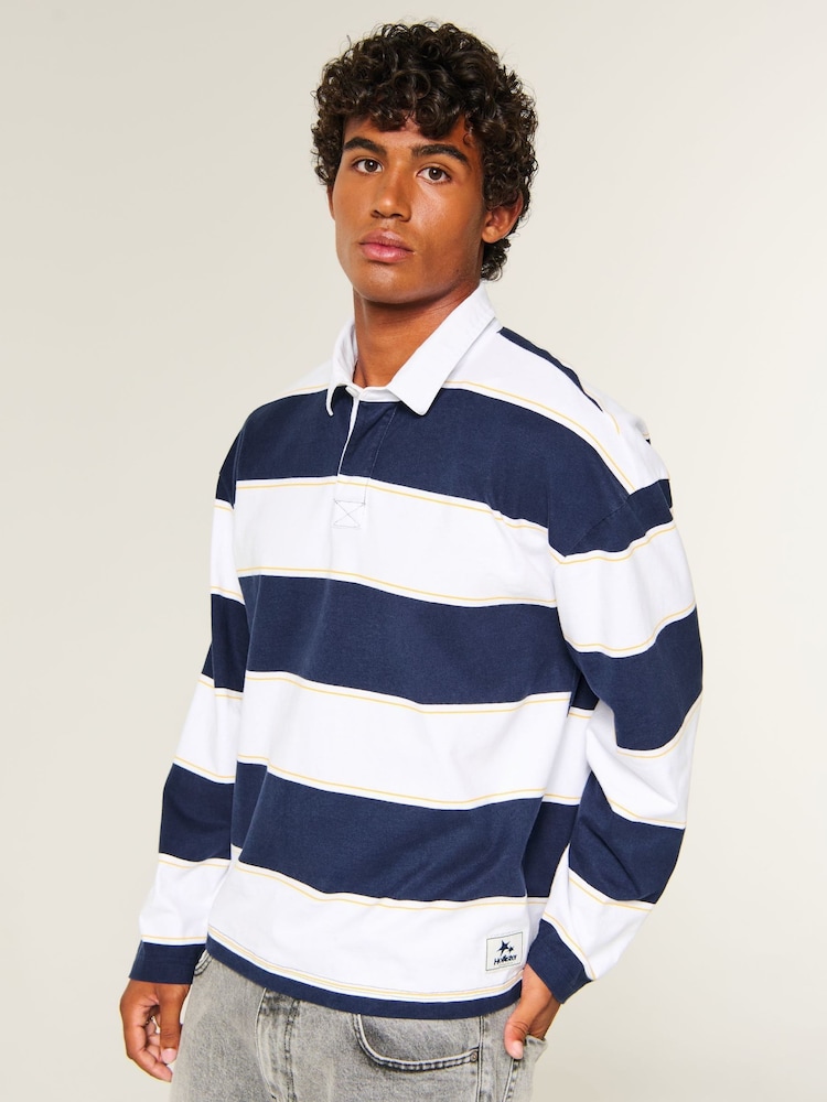 Hollister Blue Stripe Long Sleeve Rugby Polo Shirt - Image 1 of 5