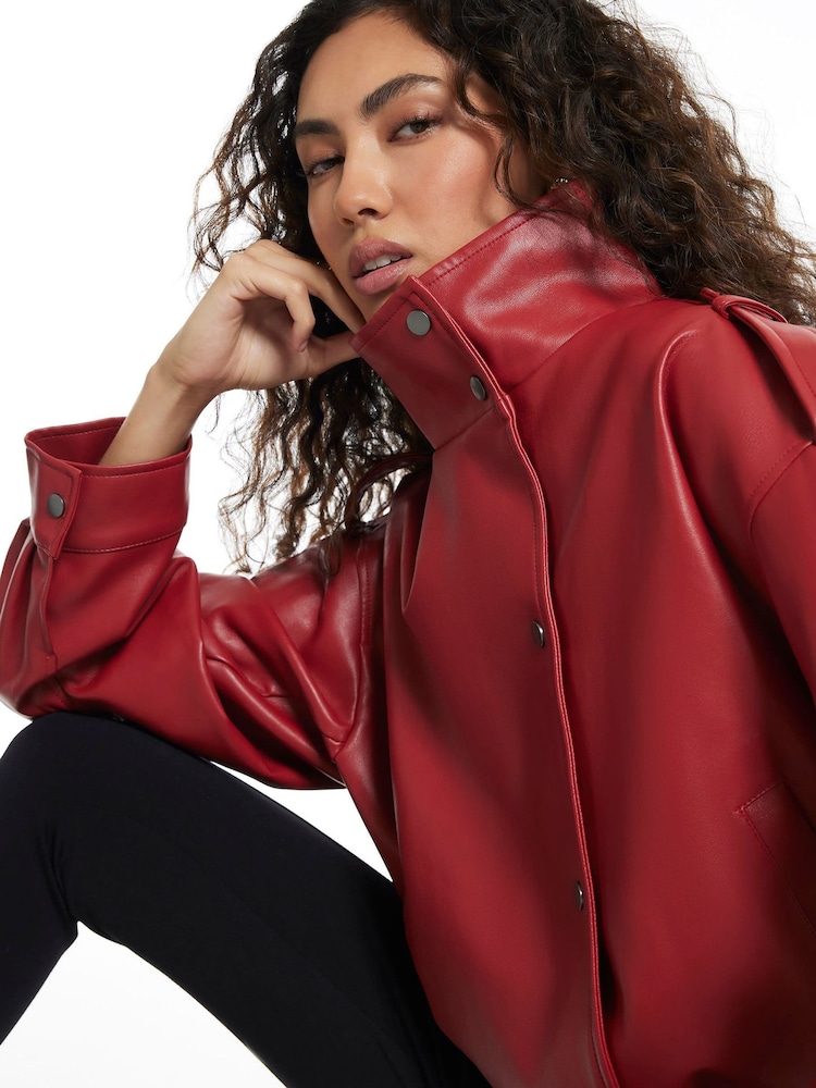 River Island Red Funnel Neck Ruched Sleeve Bomber Jacket - Image 4 of 4 River Island Red Funnel Neck Ruched Sleeve Bomber Jacket - Image 4 of 4