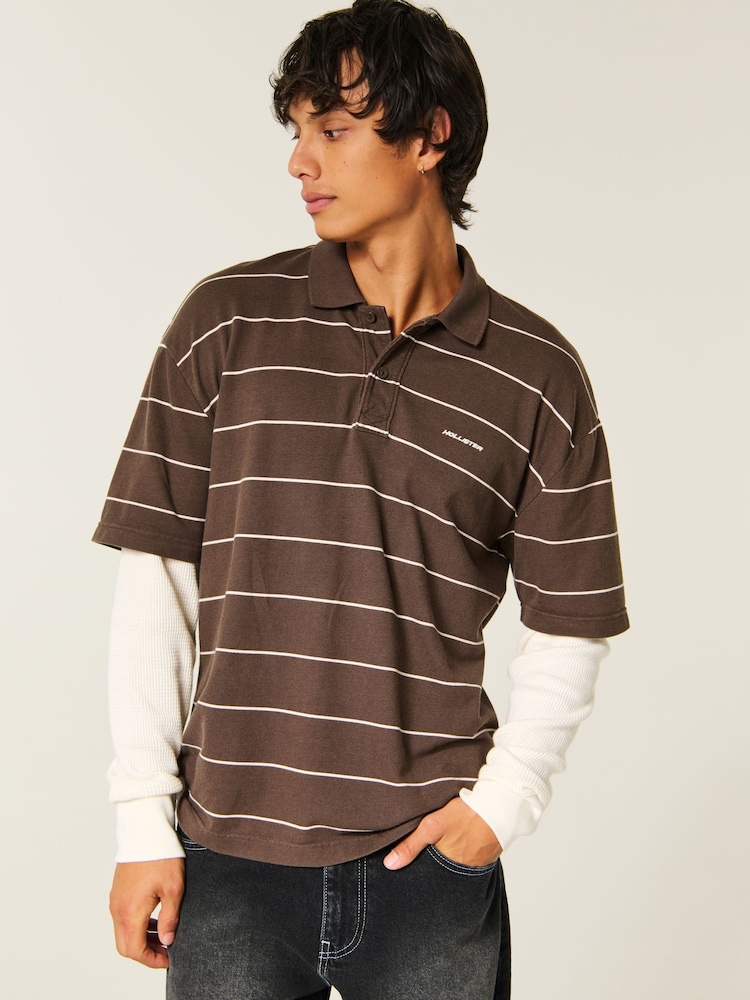 Hollister Brown Boxy Heavyweight Stripe Polo Shirt - Image 1 of 5