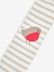 JoJo Maman Bébé Cream Christmas Cotton Rich Robin Knee Tights - Image 2 of 2