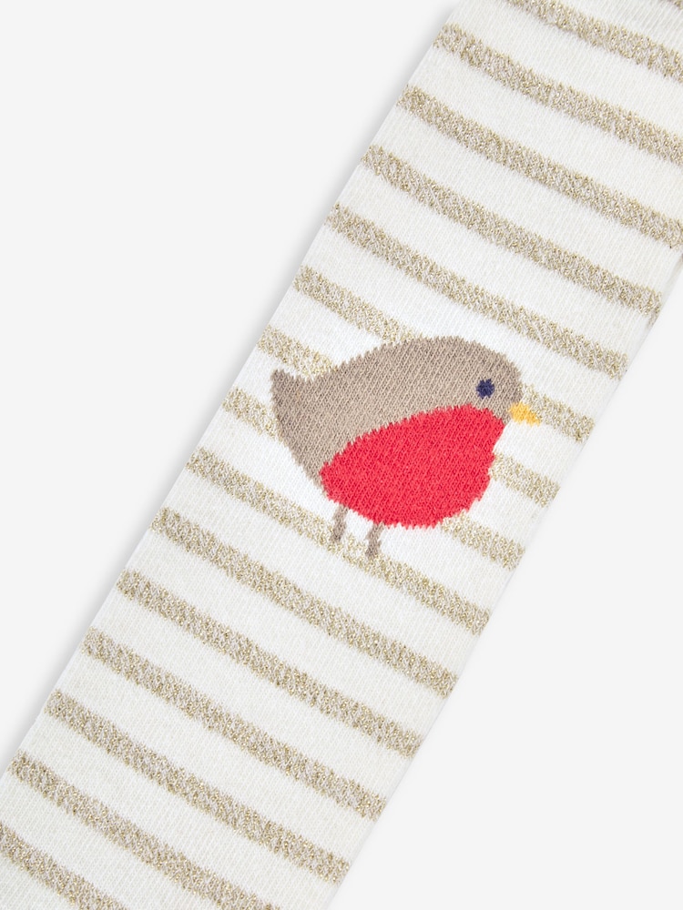 JoJo Maman Bébé Cream Christmas Cotton Rich Robin Knee Tights - Image 2 of 2