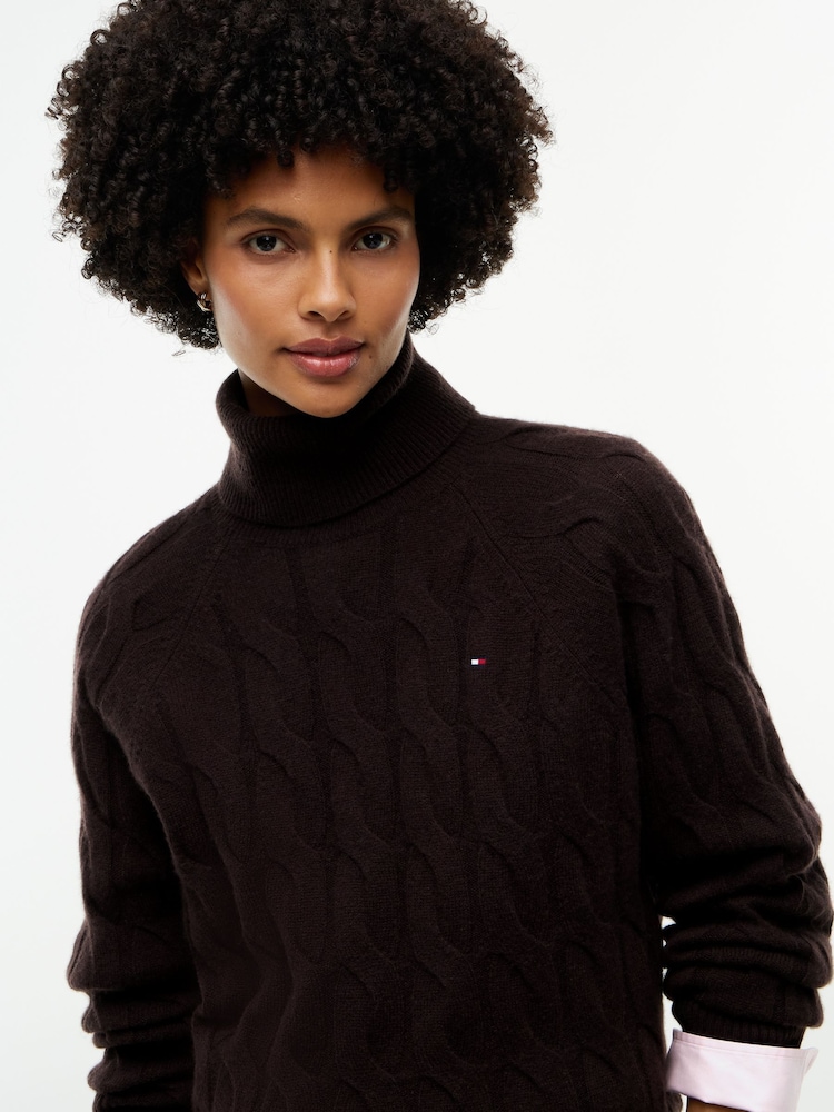 Tommy Hilfiger Chocolate Brown Pure Wool Cable Roll Neck Jumper - Image 4 of 4 Tommy Hilfiger Chocolate Brown Pure Wool Cable Roll Neck Jumper - Image 4 of 4