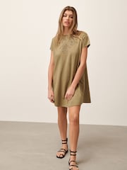 Khaki Green Embroidered Jersey Summer Mini Dress - Image 3 of 7